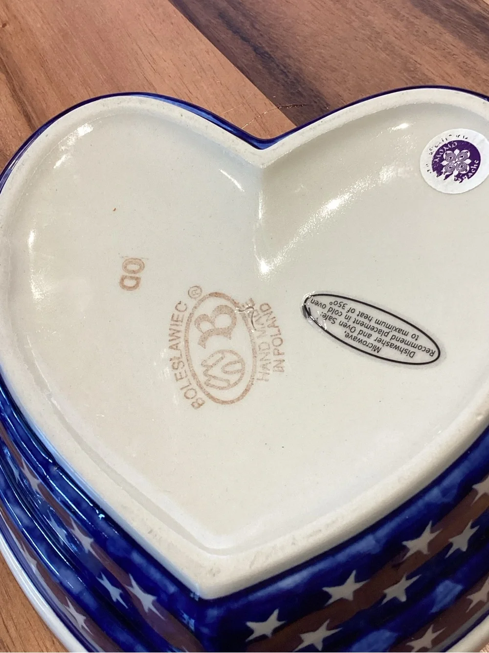 Boleslawiec Polish pottery heart shaped bowl w stars Hand Made Like New